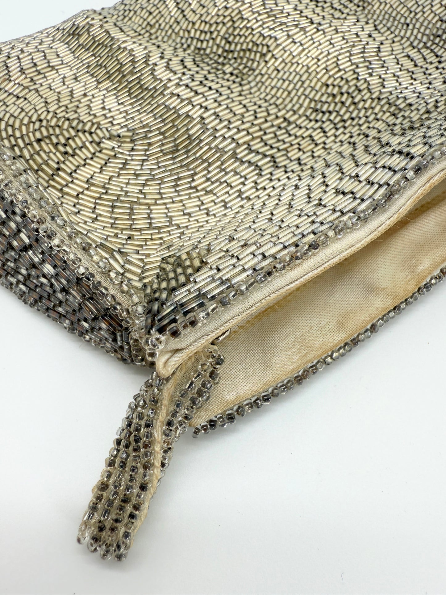 Vintage Schildkraut Bros. Hand-Beaded Silver Liquid Bead Clutch – Made in Japan – Fits Cell Phone