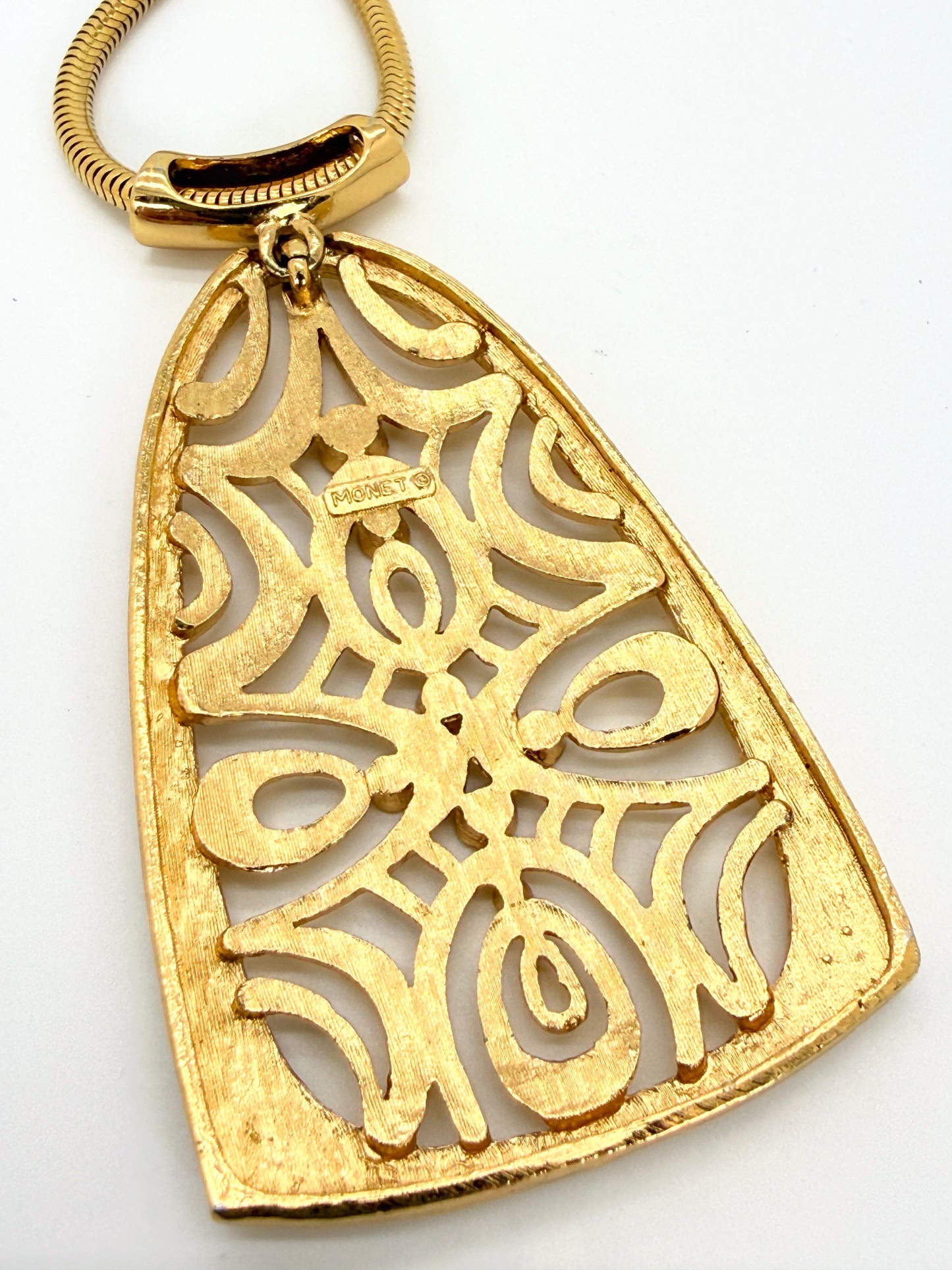 Vintage Monet Gold Toned Pendant Necklace – Adjustable Chain, Modernist Statement Jewelry