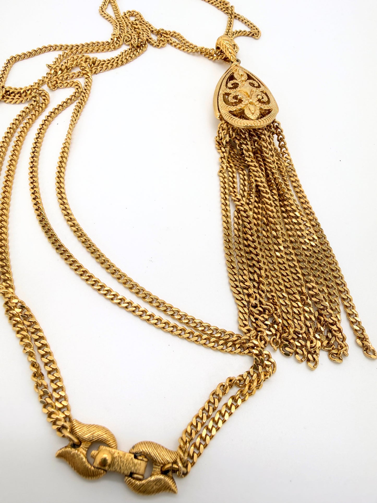 Vintage Monet Gold Plated Tassel Necklace – Mid Century Modern Filigree Pendant