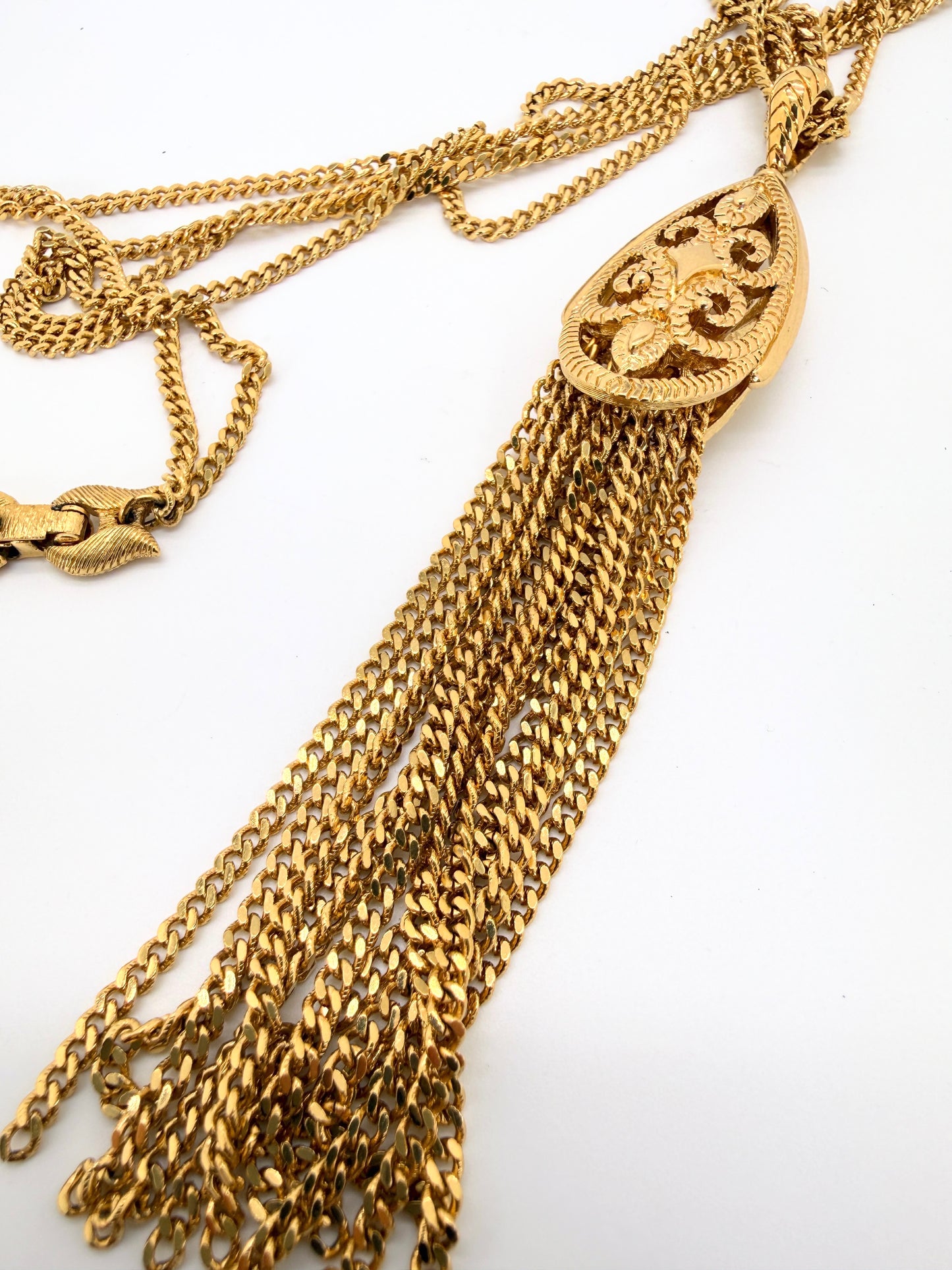 Vintage Monet Gold Plated Tassel Necklace – Mid Century Modern Filigree Pendant