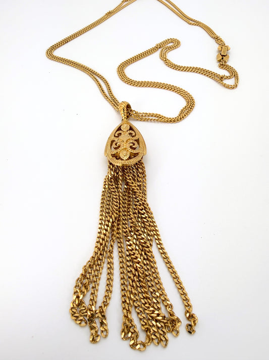 Vintage Monet Gold Plated Tassel Necklace – Mid Century Modern Filigree Pendant