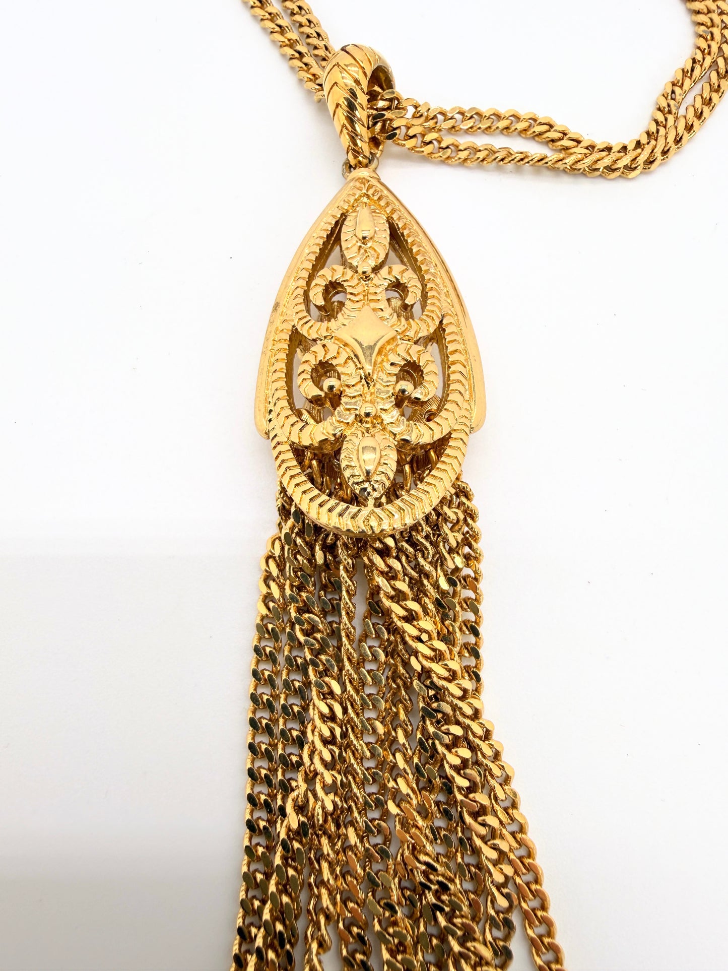 Vintage Monet Gold Plated Tassel Necklace – Mid Century Modern Filigree Pendant