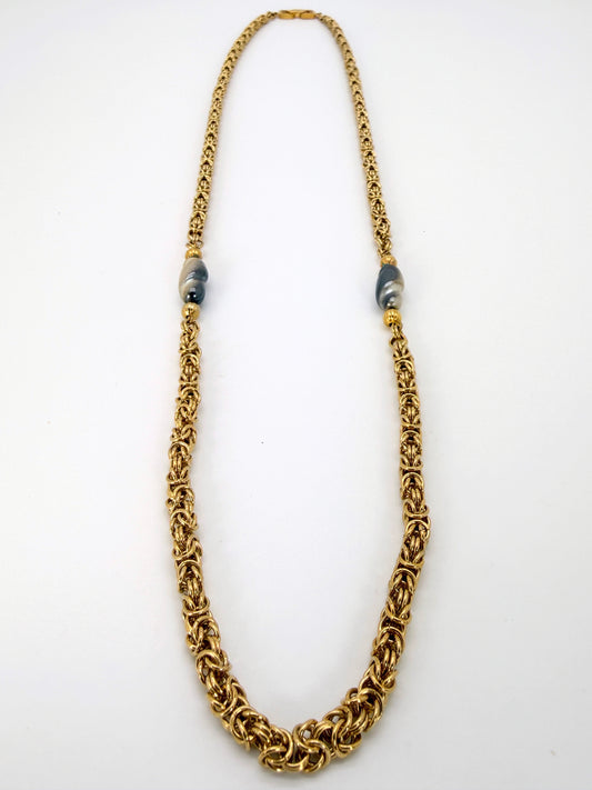 Vintage 1980s Givenchy Gold Chain Link Necklace with Ombre Pearls – 28.5" Designer Statement
