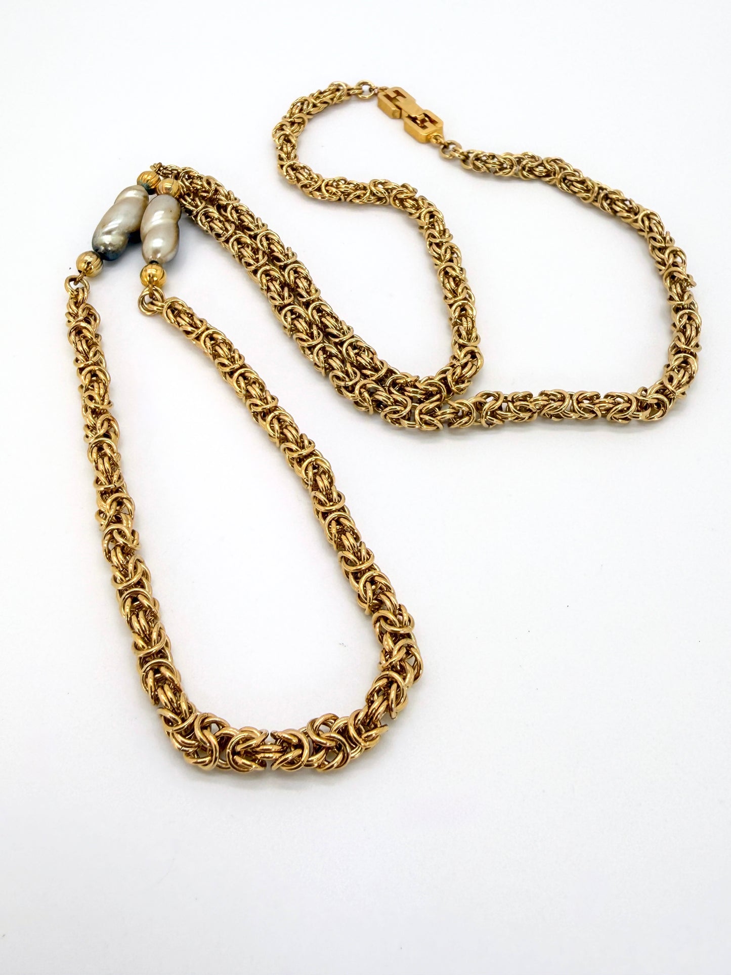 Vintage 1980s Givenchy Gold Chain Link Necklace with Ombre Pearls – 28.5" Designer Statement