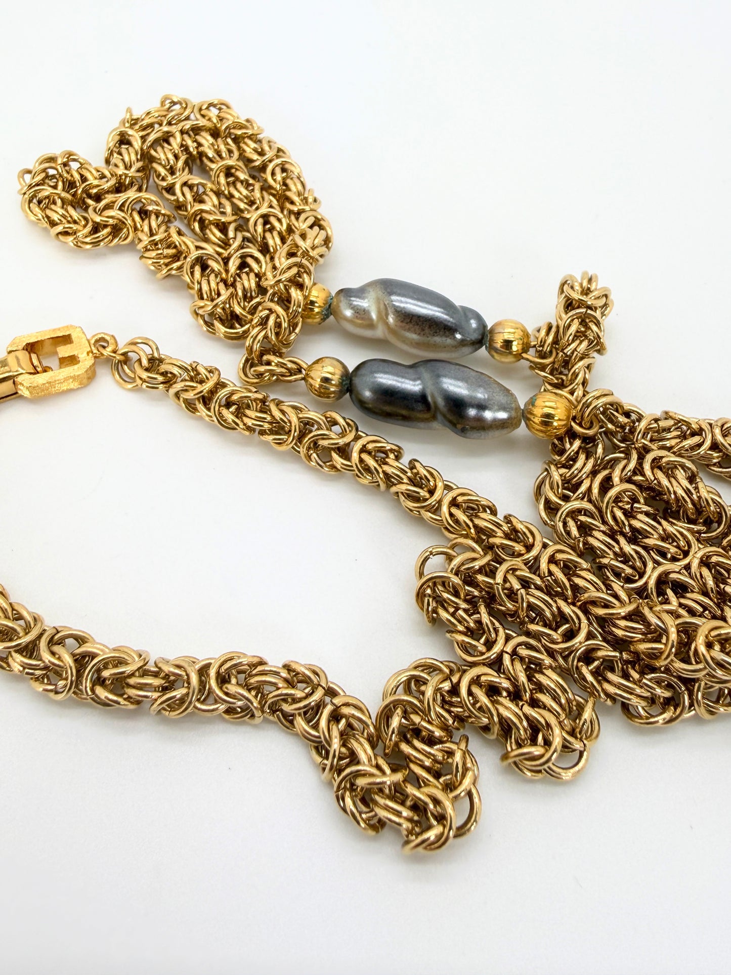 Vintage 1980s Givenchy Gold Chain Link Necklace with Ombre Pearls – 28.5" Designer Statement