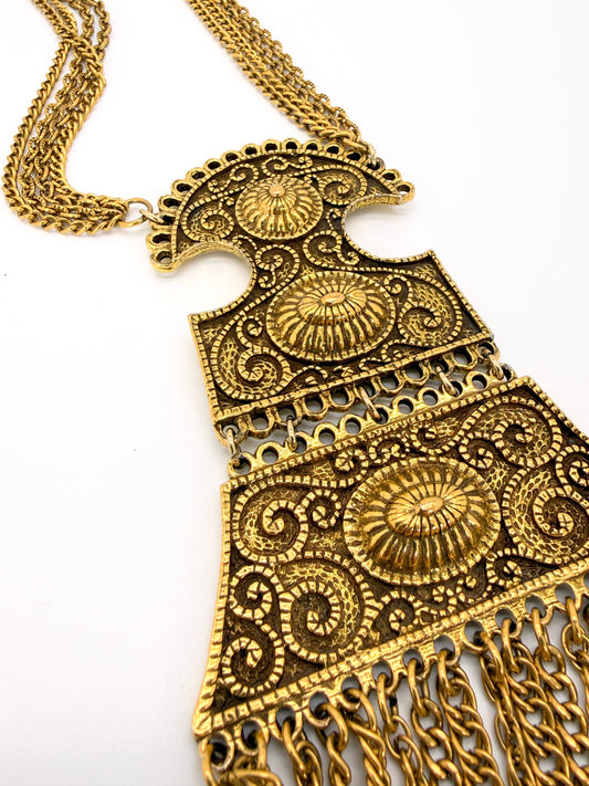 Attributed Goldette 1970s Etruscan Revival Necklace – Cascading Gilded Chain Statement