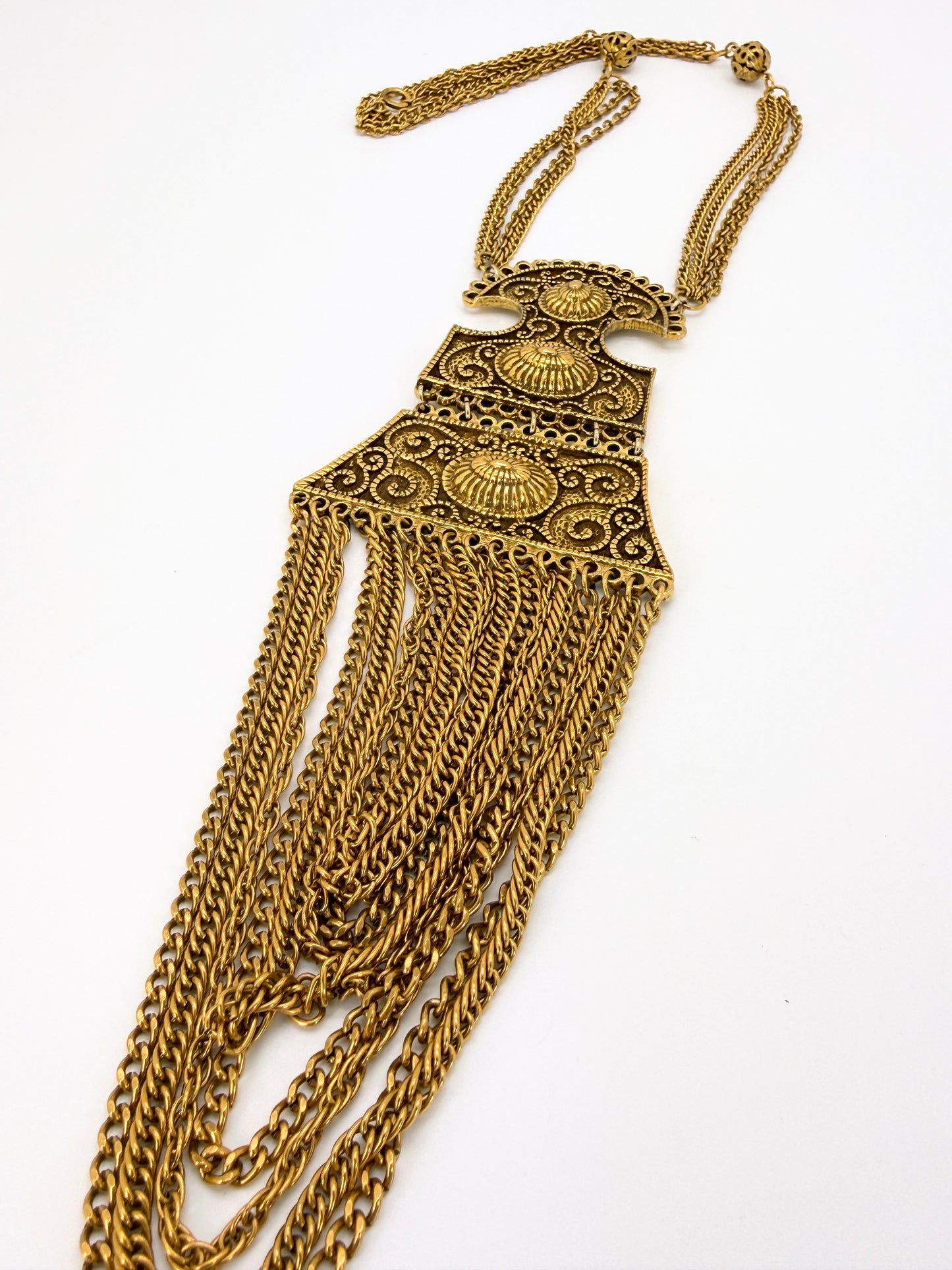 Attributed Goldette 1970s Etruscan Revival Necklace – Cascading Gilded Chain Statement