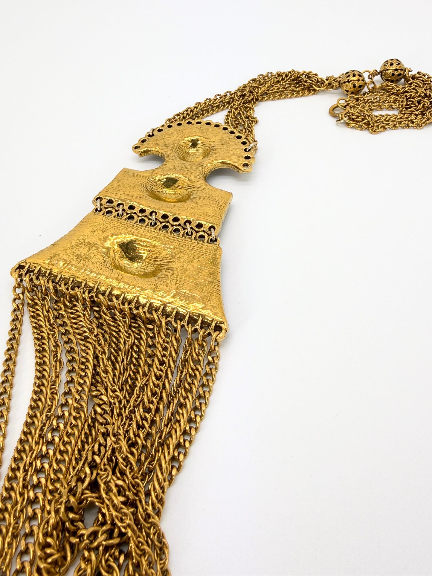 Attributed Goldette 1970s Etruscan Revival Necklace – Cascading Gilded Chain Statement
