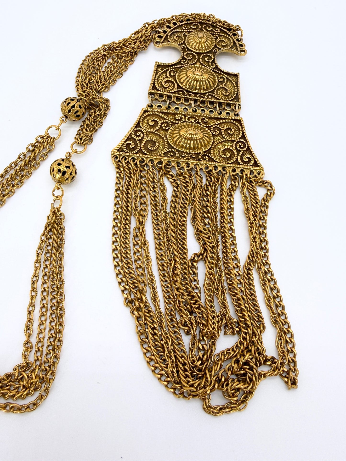 Attributed Goldette 1970s Etruscan Revival Necklace – Cascading Gilded Chain Statement
