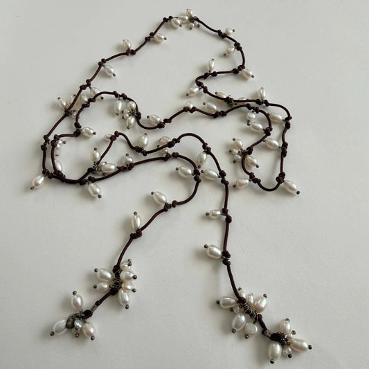 Silpada N2102 Retired Sterling Silver & Freshwater Pearl Lariat Necklace – Brown Cord Wrap Design