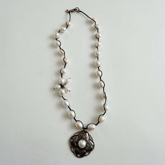 Silpada N2327 “Rhiannon” Retired Sterling Silver & Freshwater Pearl Pendant Necklace – Floral Motif on Cord