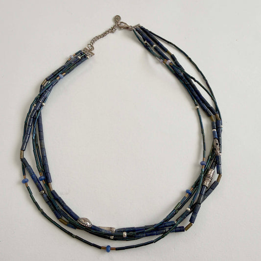 Silpada N3252 “Into The Blue” Retired Multi-Strand Necklace – Lapis, Quartzite, Brass & Sterling Silver