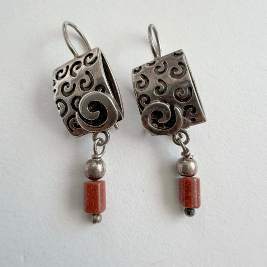 Silpada FA2731 Retired Sterling Silver Dangle Earrings – Goldstone Beads – 3D Swirl Design