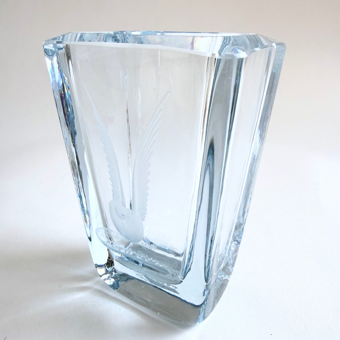 Vintage Strombergshyttan Swedish art glass vase with an etched bird design.