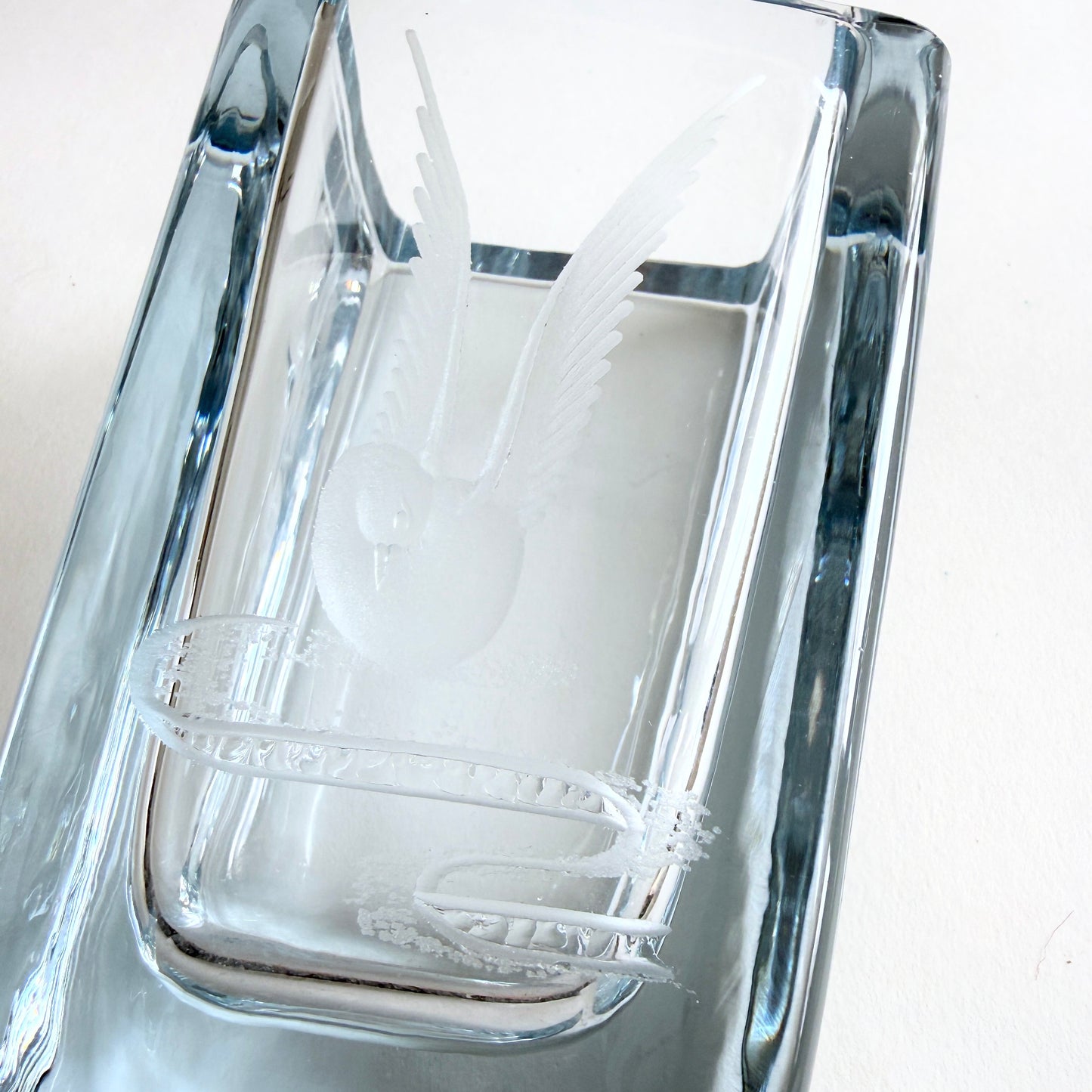 Vintage Strombergshyttan Swedish art glass vase with an etched bird design.