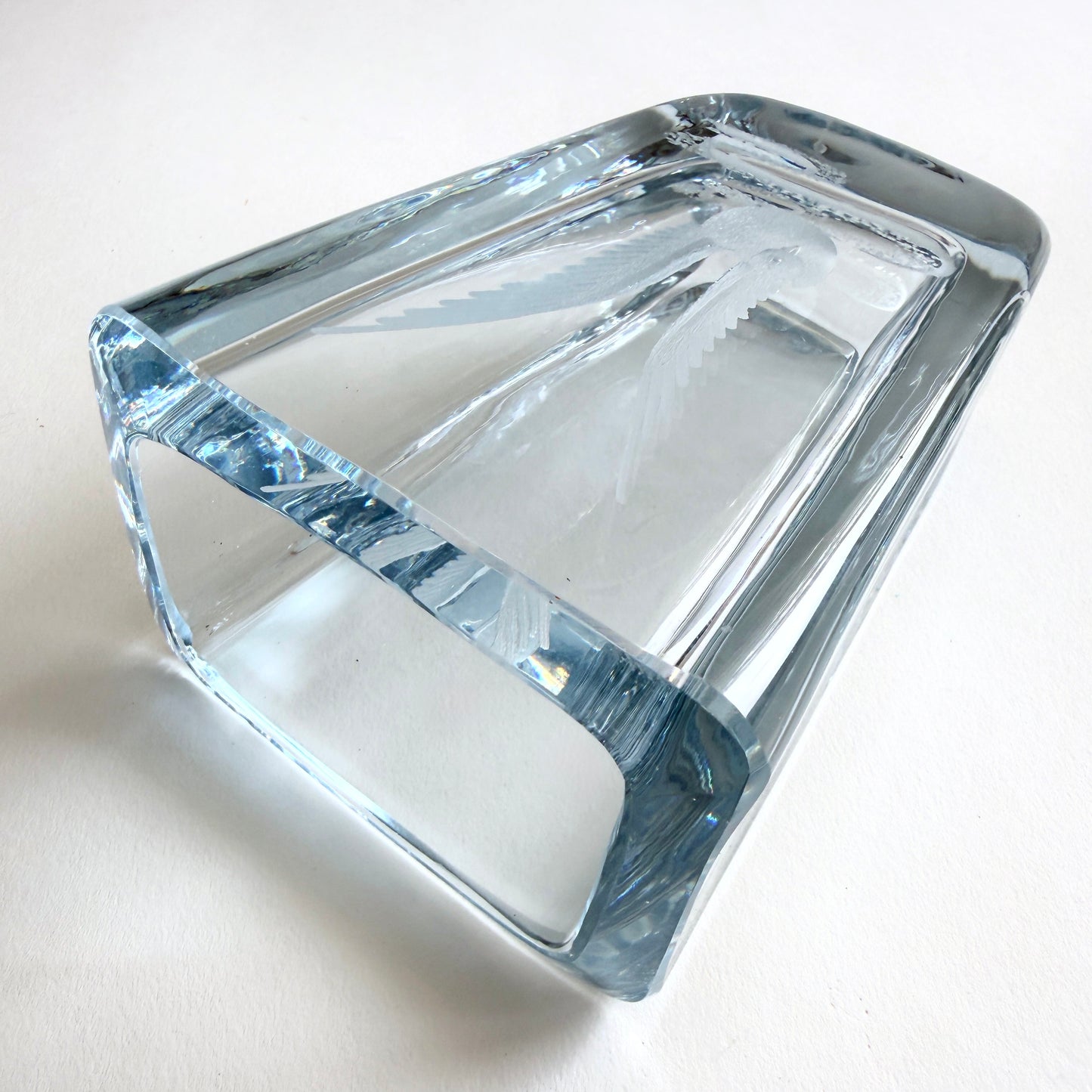 Vintage Strombergshyttan Swedish art glass vase with an etched bird design.