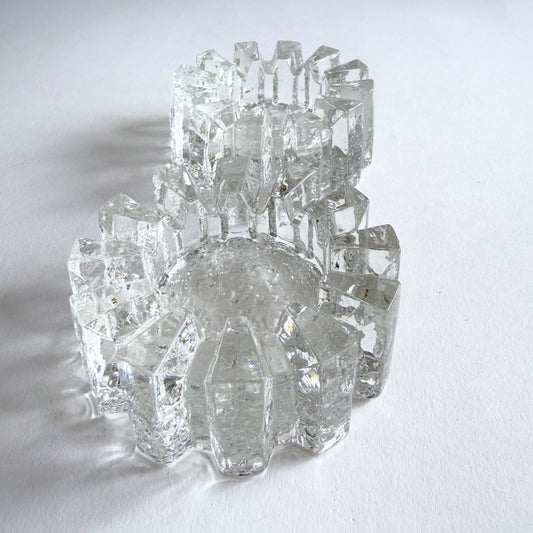Vintage Pukeberg Glasbruk Crystal Ice Votive Candle Holders