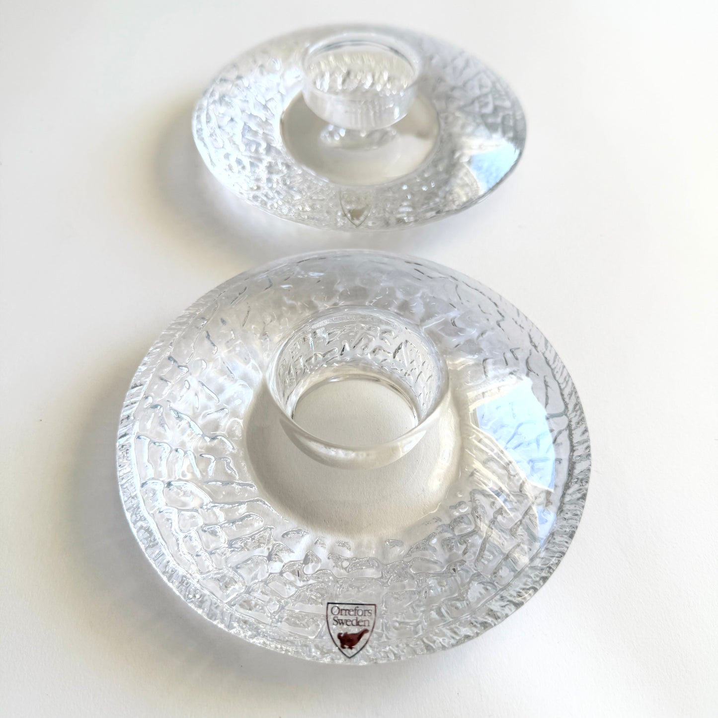 Orrefors Discus crystal votive candle holder designed by Lars Hellsten