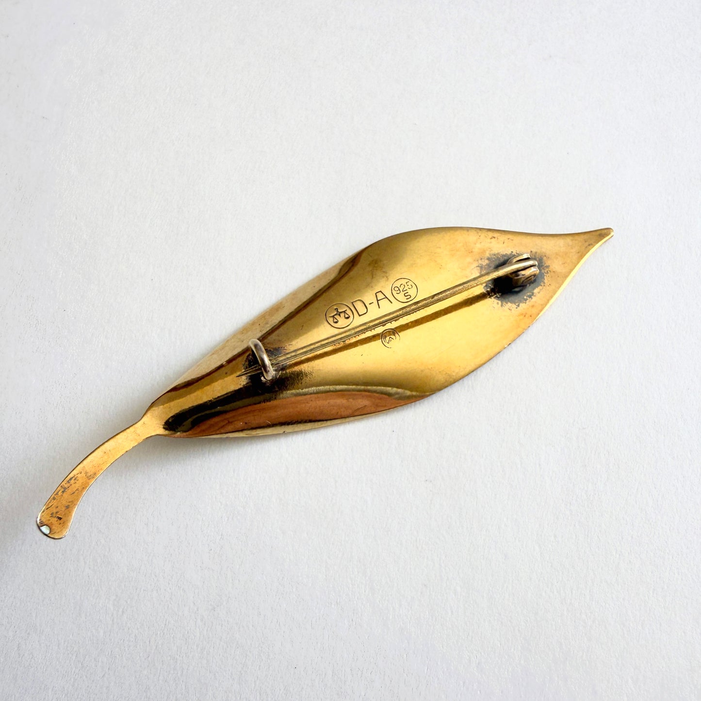 Vintage David Andersen Sterling Silver Vermeil White Guilloché Enamel Leaf Brooch Norway