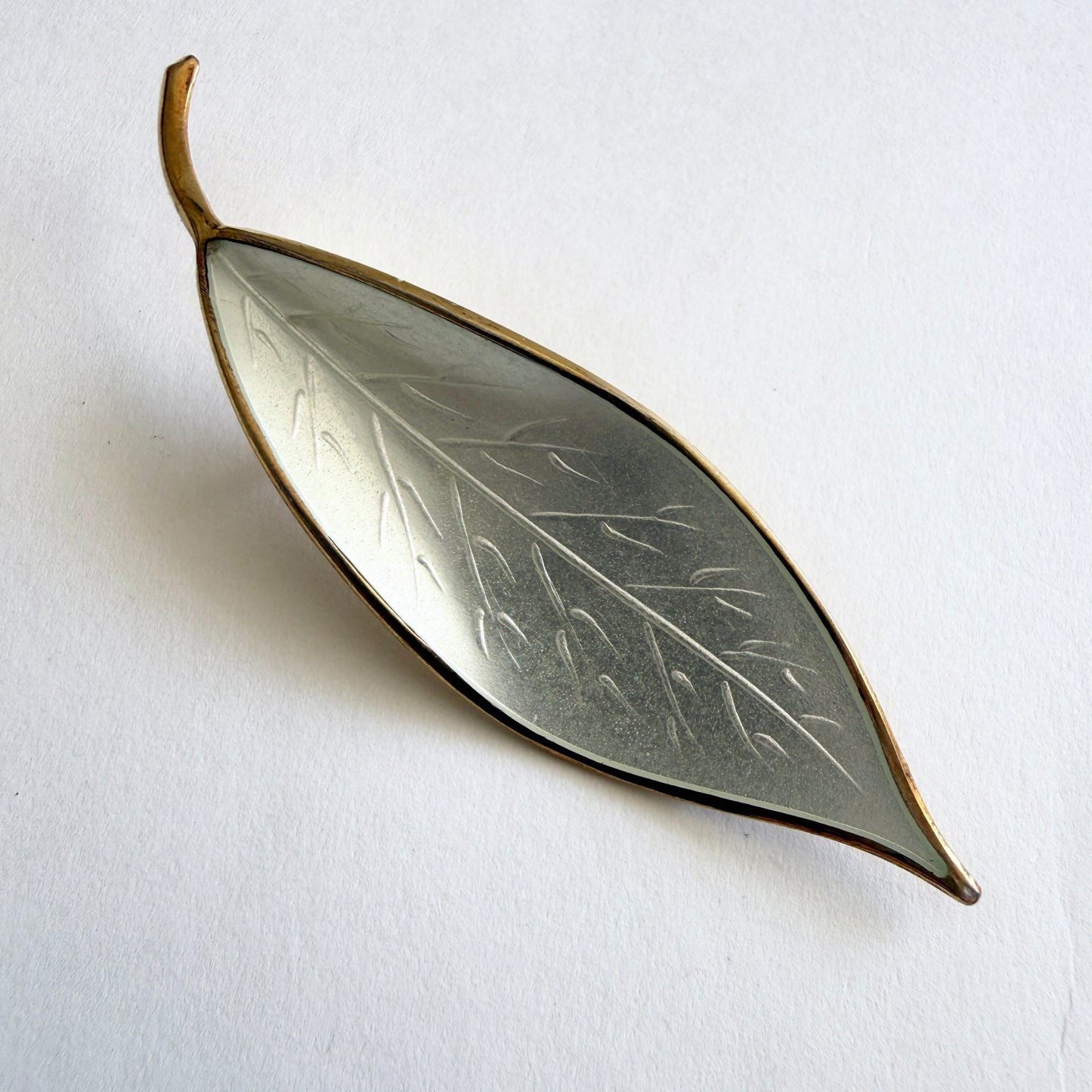 Vintage David Andersen Sterling Silver Vermeil White Guilloché Enamel Leaf Brooch Norway