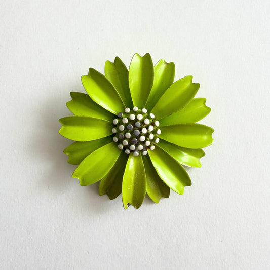 Vintage Crown Trifari green enamel flower brooch with dotted center, 1960s