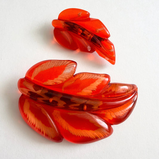 Vintage Reverse Carved Lucite Leaf Brooch Pair | Mid-Century