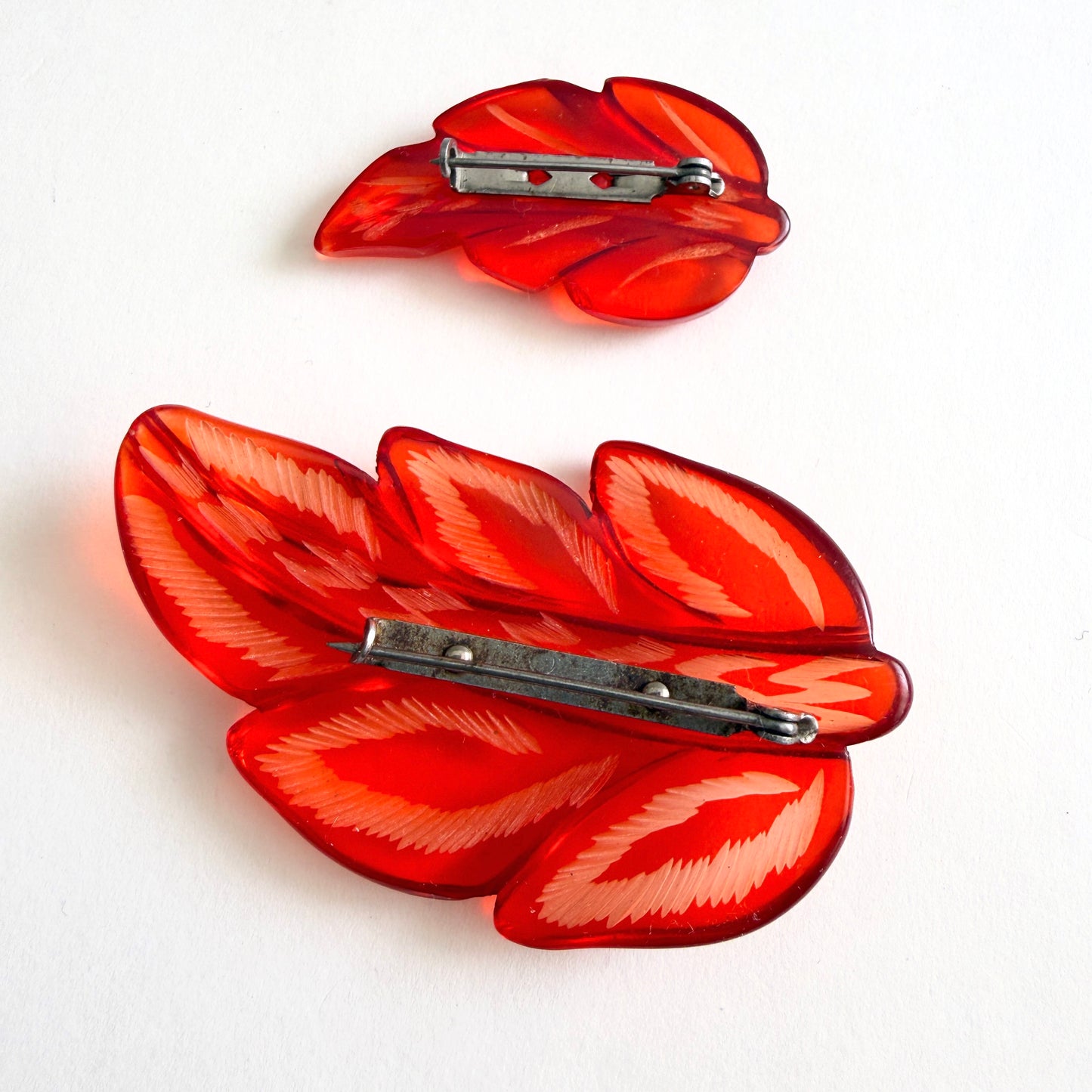 Vintage Reverse Carved Lucite Leaf Brooch Pair | Mid-Century