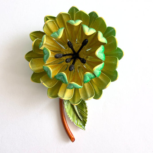 Vintage Layered Green and Yellow Enamel Flower Brooch | 1960s-70s