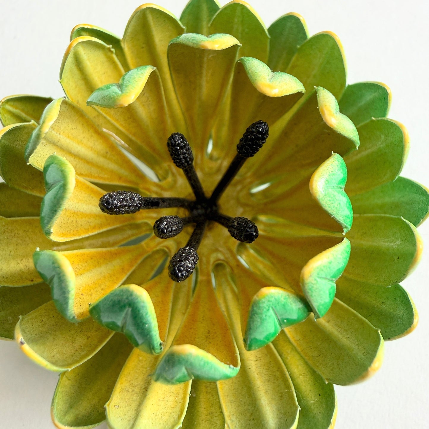 Vintage Layered Green and Yellow Enamel Flower Brooch | 1960s-70s