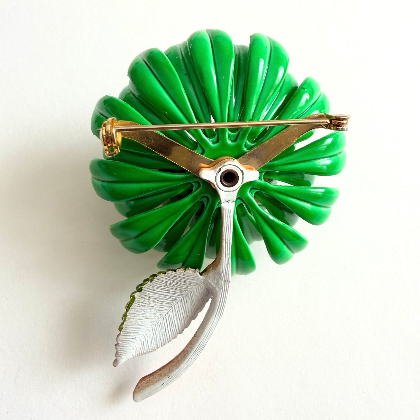 Vintage Layered Green and Yellow Enamel Flower Brooch | 1960s-70s