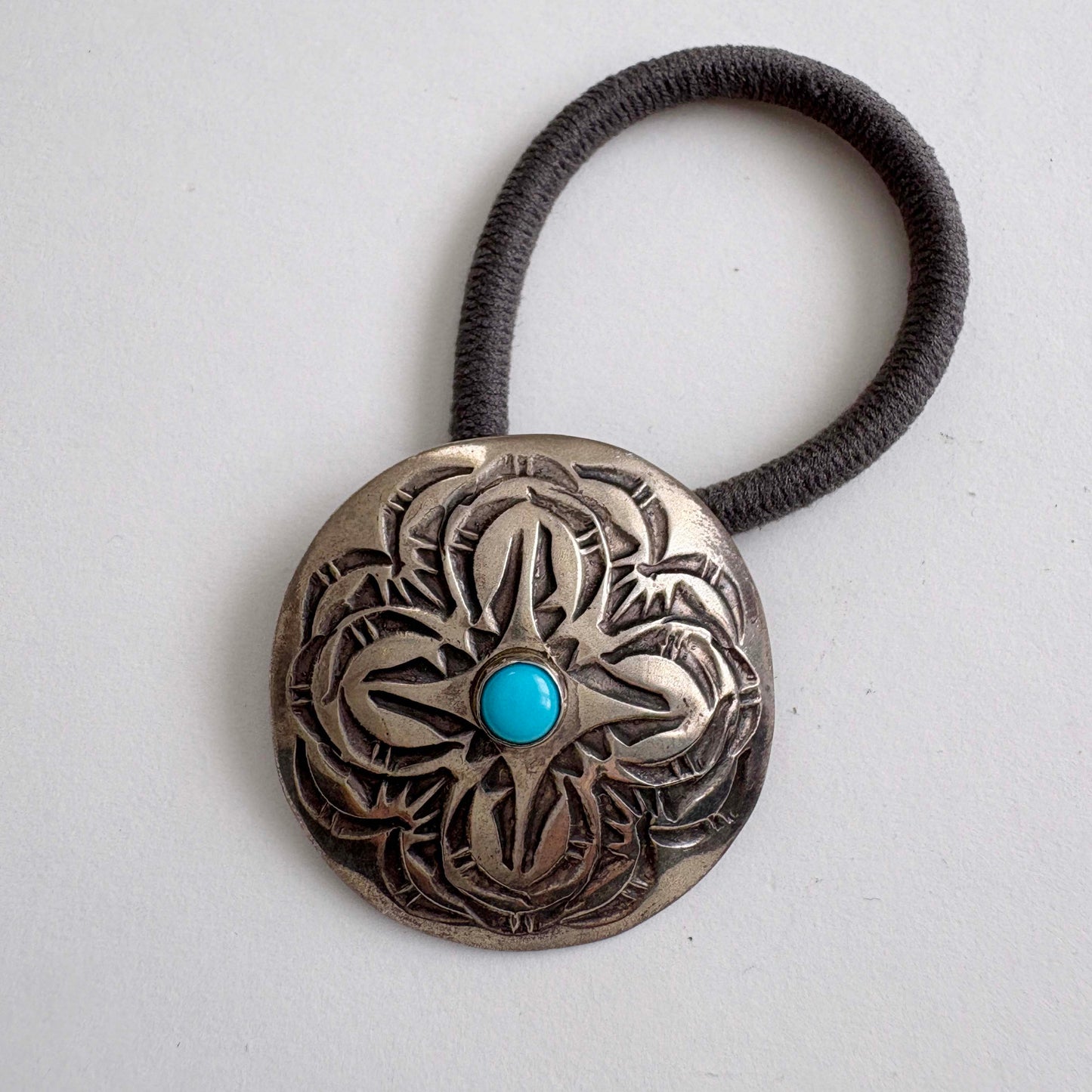 Navajo Sterling Silver Concho Hair Tie with Turquoise — Alvin Todacheenee
