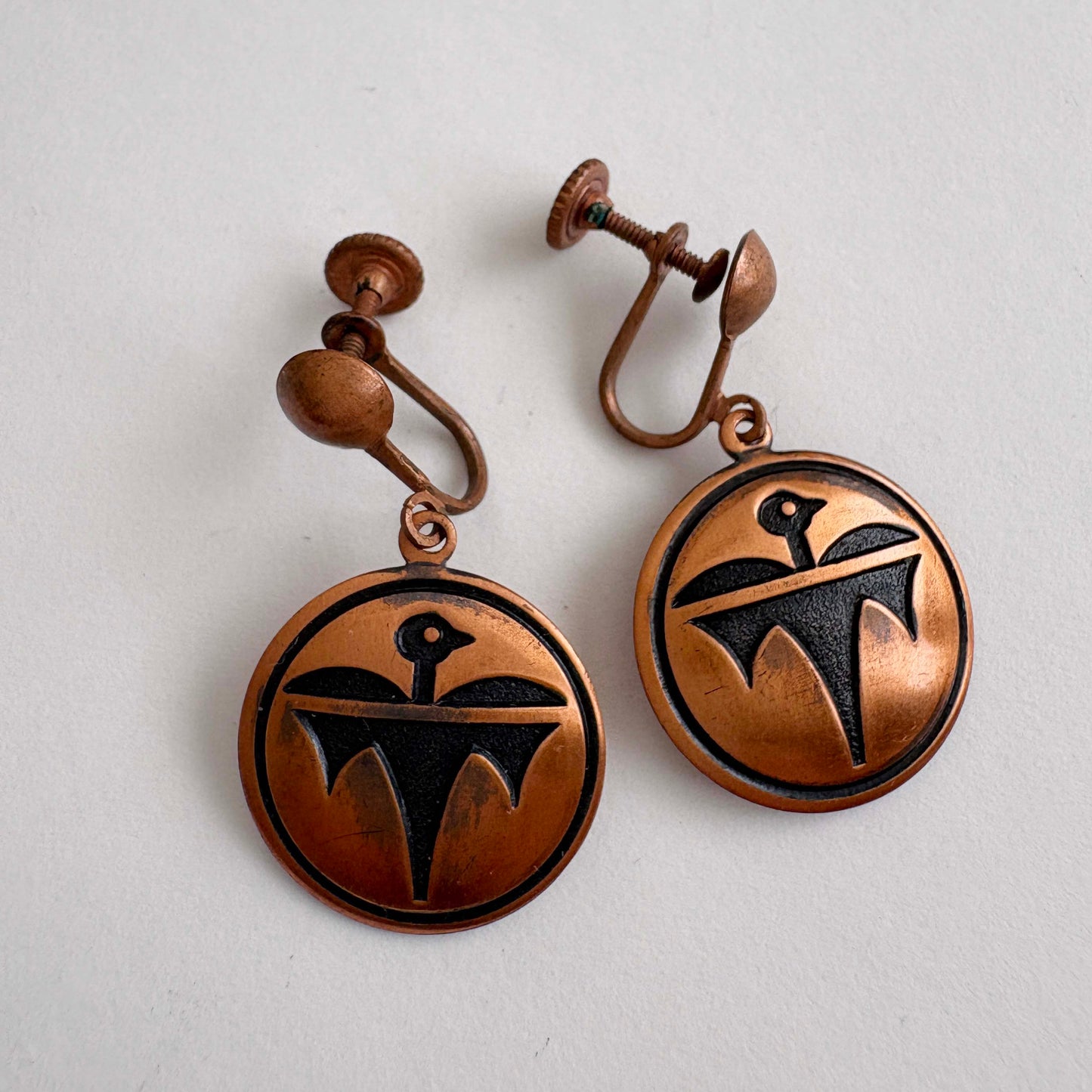Vintage Fred Harvey Era Southwest Copper Thunderbird Screw Back Earrings