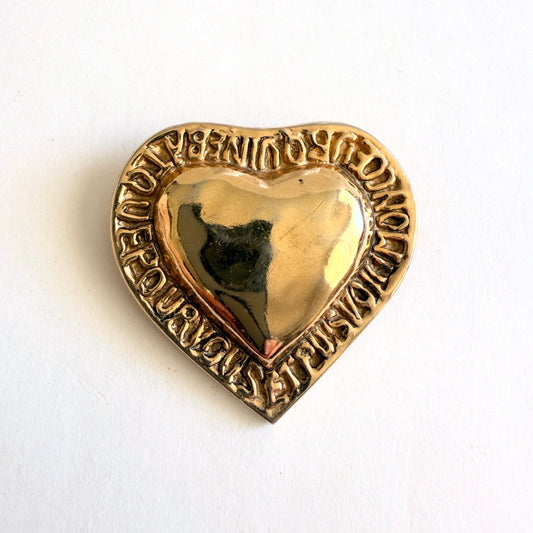 Vintage Accessocraft French Love Token Heart Brooch Pendant – “Un Peu Beaucoup Passionnément” Gold Tone Statement