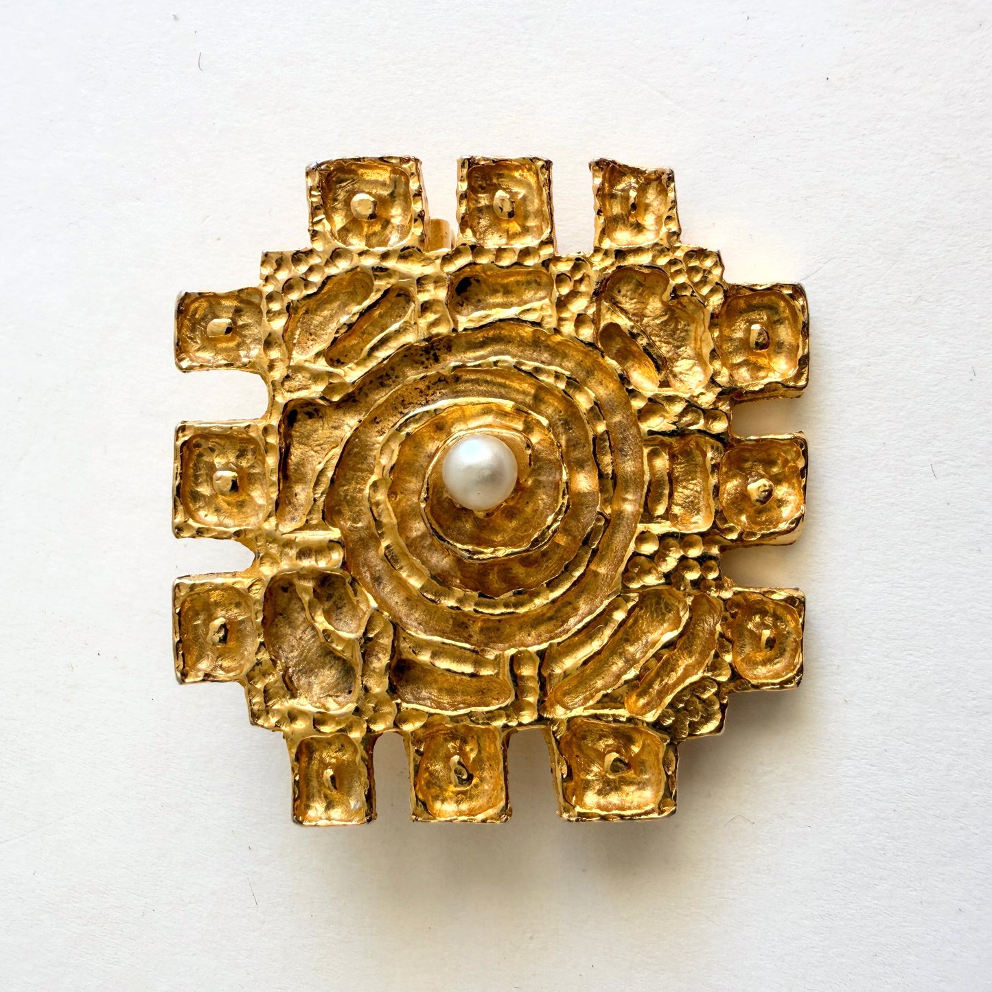 Vintage R. Larin Brutalist Gold Tone Brooch with Pearl Center