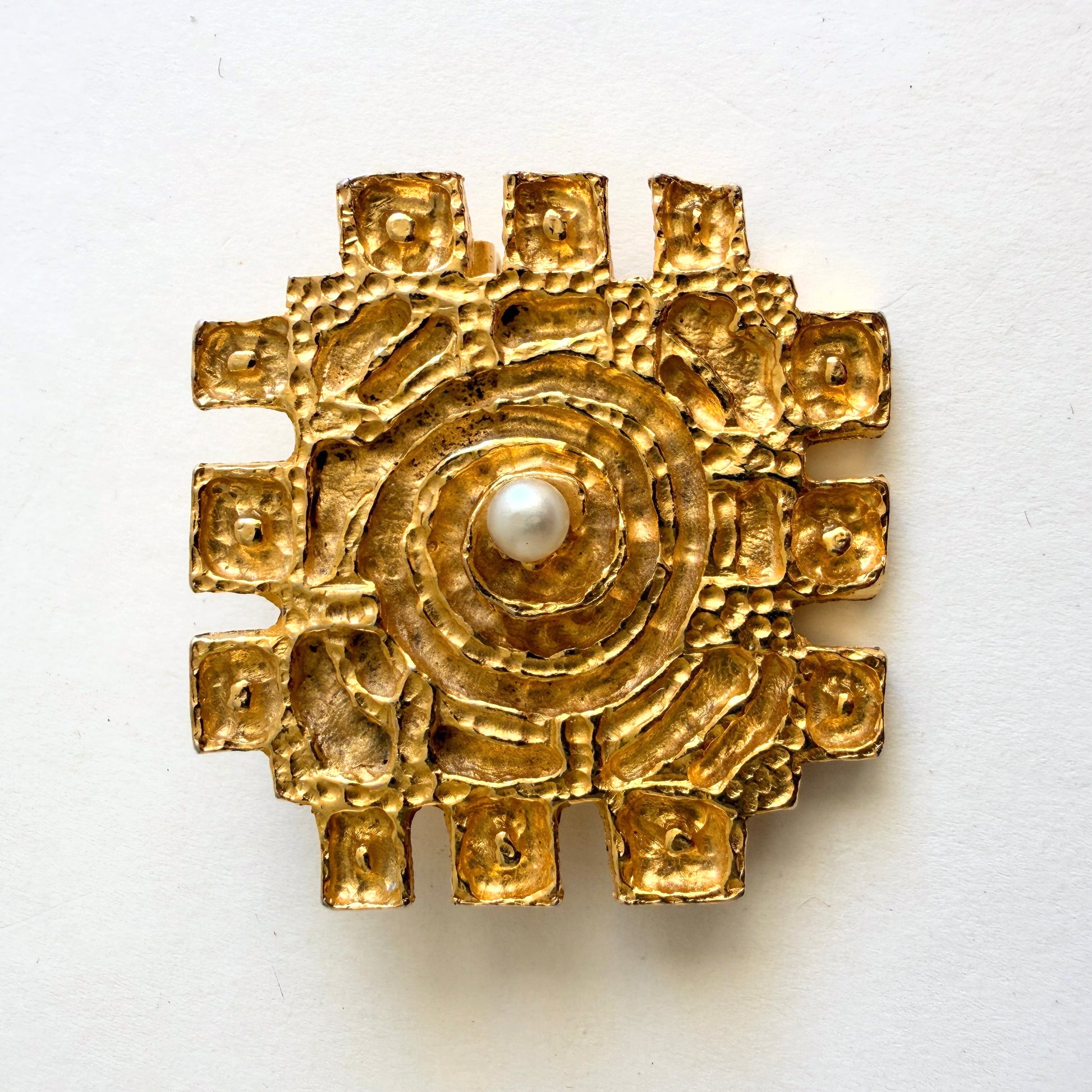 Vintage R. Larin Brutalist Gold Tone Brooch with Pearl Center