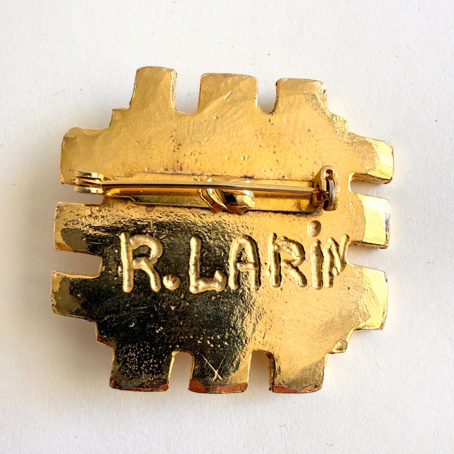 Vintage R. Larin Brutalist Gold Tone Brooch with Pearl Center