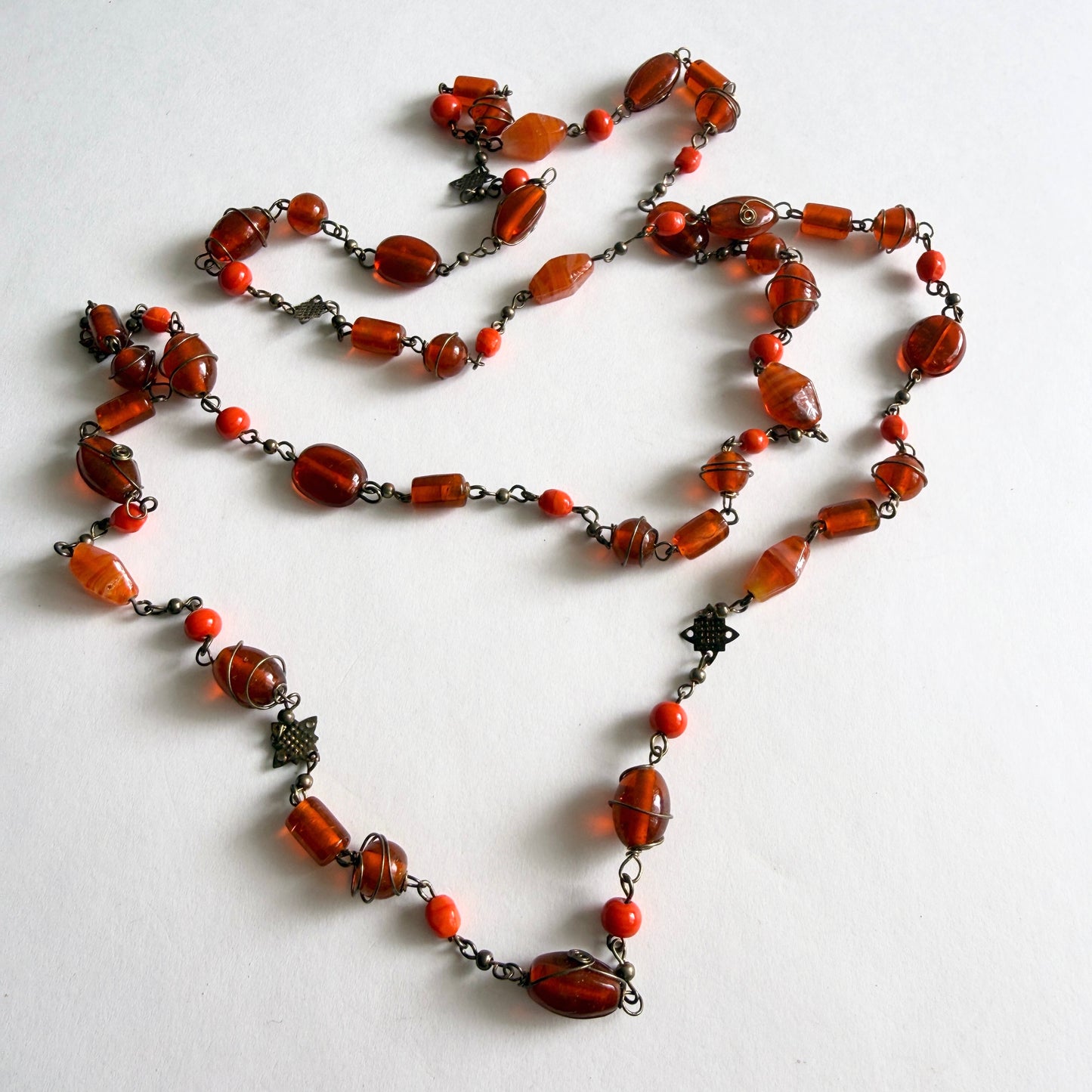 Art Deco Czech Amber & Coral Glass Sautoir Necklace – 48" Flapper Length – Bohemian Lampwork Ribbon Beads