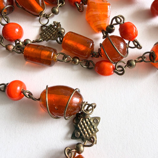 Art Deco Czech Amber & Coral Glass Sautoir Necklace – 48" Flapper Length – Bohemian Lampwork Ribbon Beads