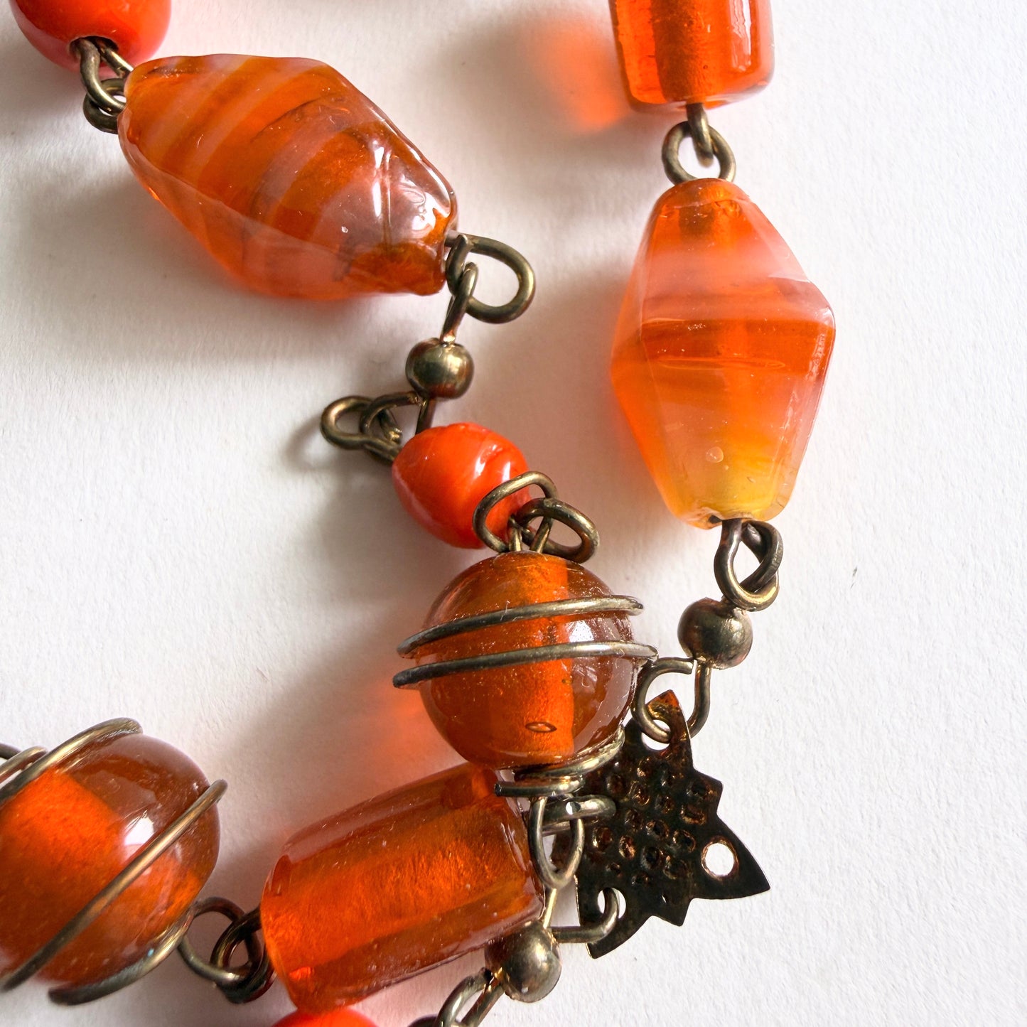 Art Deco Czech Amber & Coral Glass Sautoir Necklace – 48" Flapper Length – Bohemian Lampwork Ribbon Beads