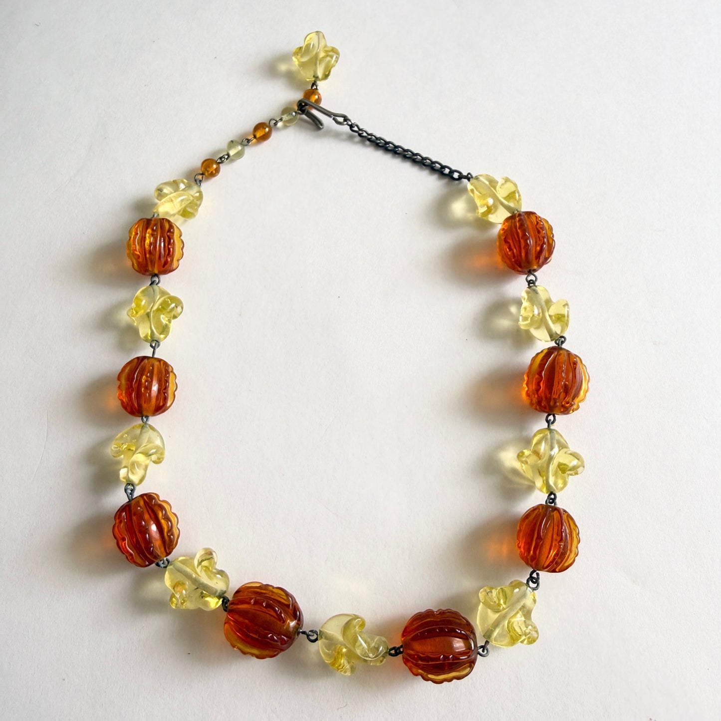 Vintage Czech Uranium Glass Ribbon & Pumpkin Bead Necklace – Art Deco Choker (UV Reactive)