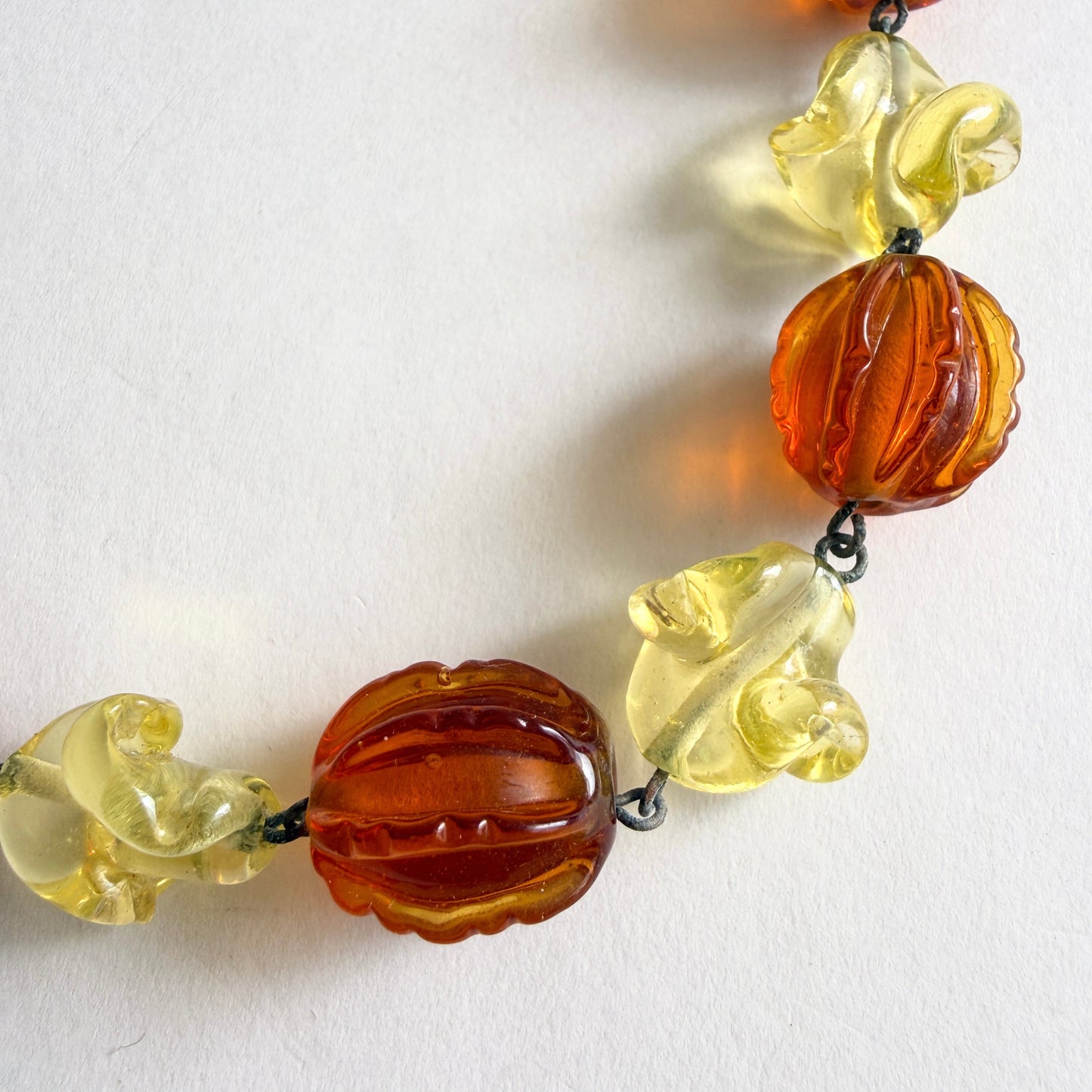 Vintage Czech Uranium Glass Ribbon & Pumpkin Bead Necklace – Art Deco Choker (UV Reactive)