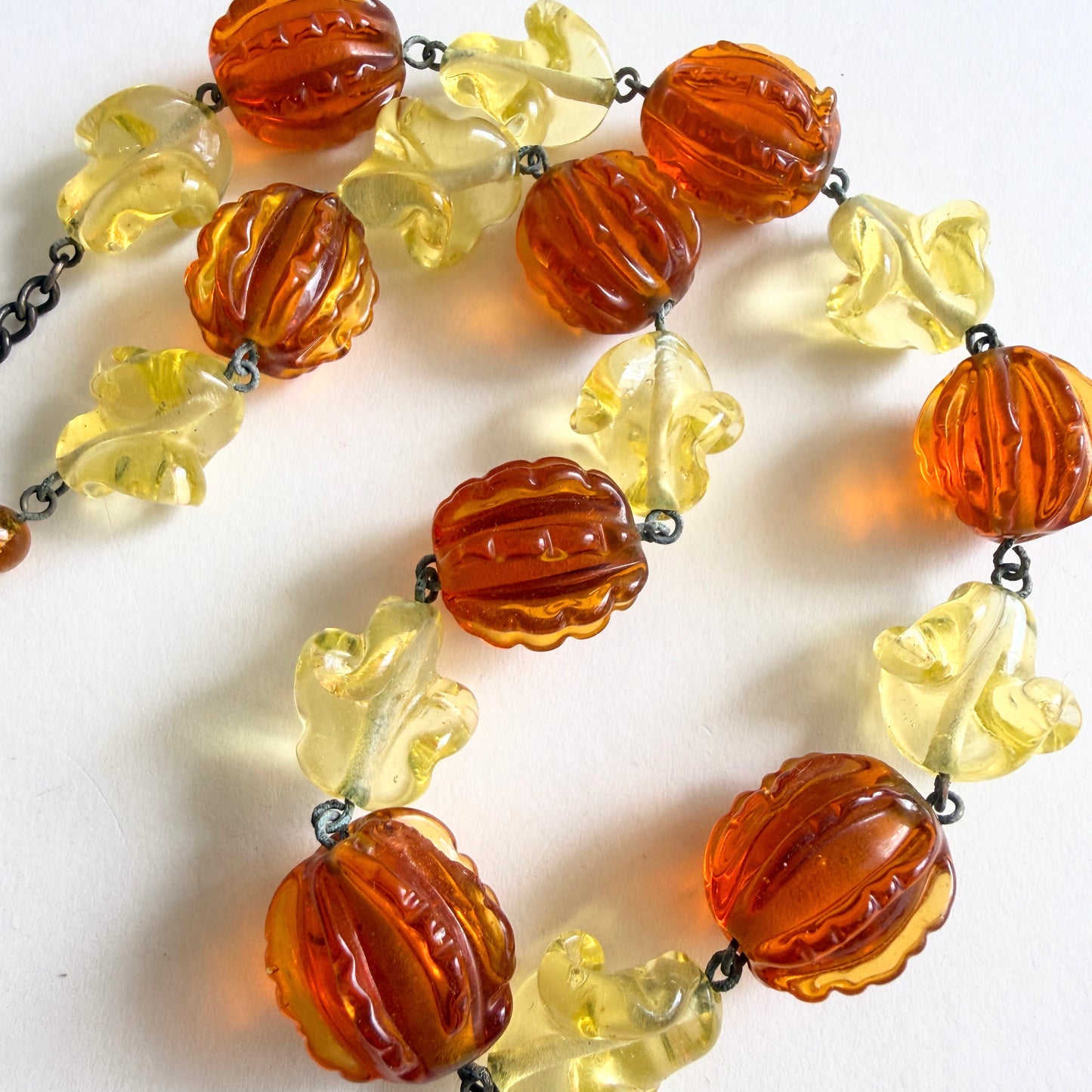 Vintage Czech Uranium Glass Ribbon & Pumpkin Bead Necklace – Art Deco Choker (UV Reactive)
