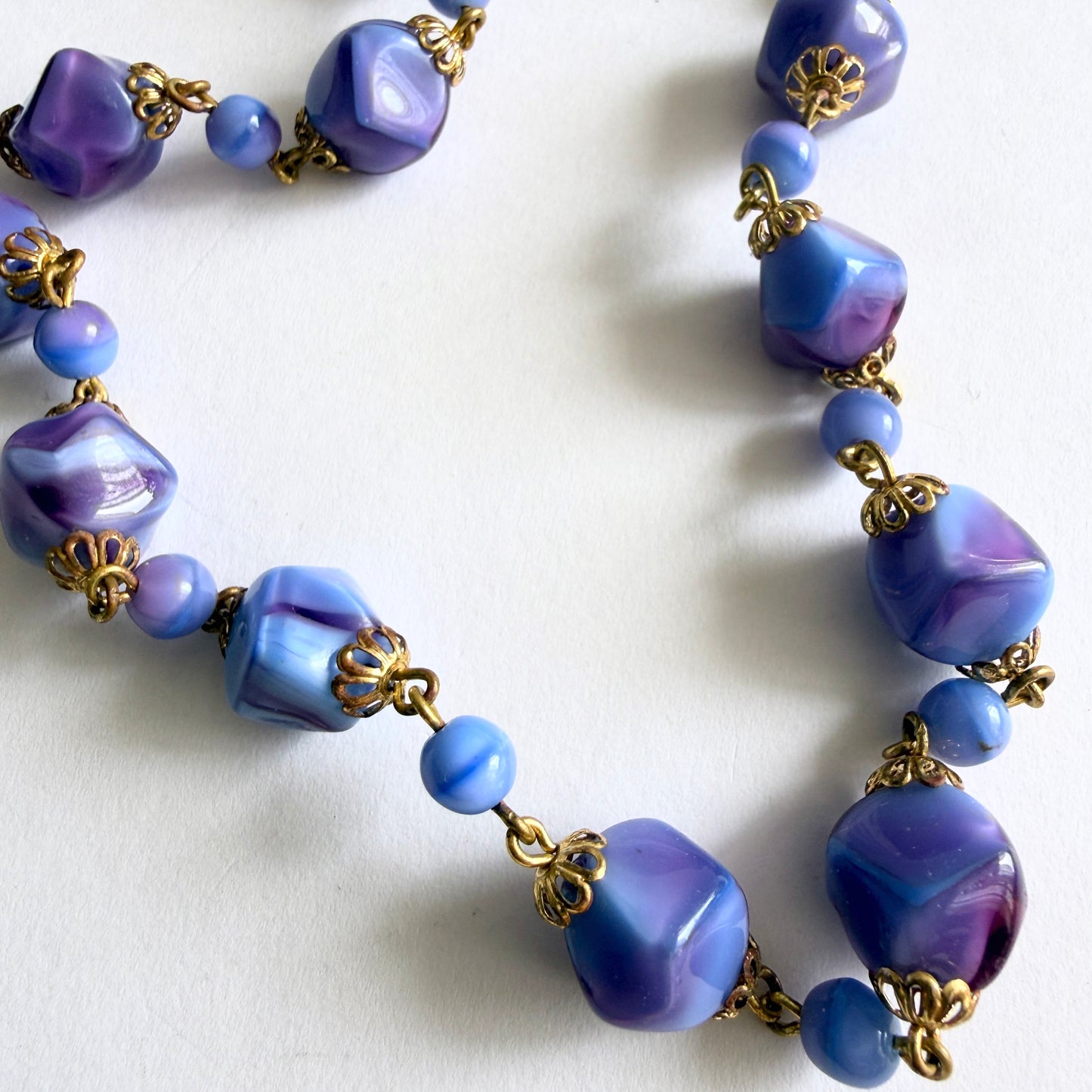 Vintage Czech Marbled Lavender & Blue Glass Bead Opera Length Necklace – Bohemian Slag Glass  c. 1930s–40s