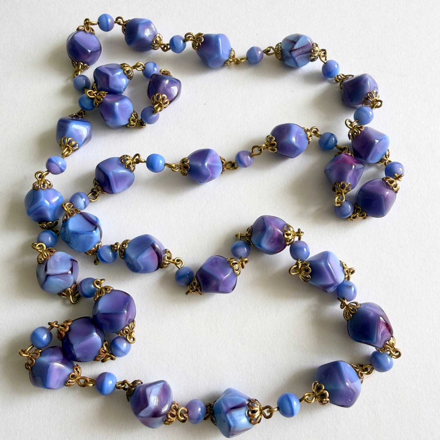 Vintage Czech Marbled Lavender & Blue Glass Bead Opera Length Necklace – Bohemian Slag Glass  c. 1930s–40s