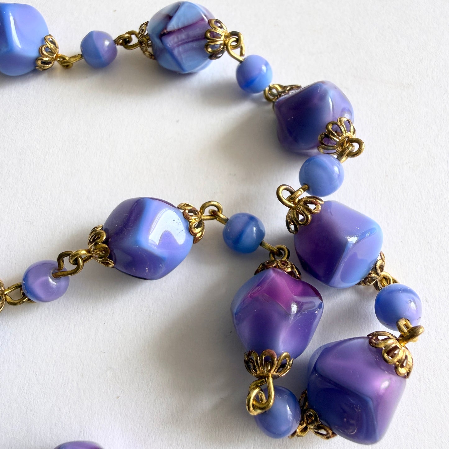 Vintage Czech Marbled Lavender & Blue Glass Bead Opera Length Necklace – Bohemian Slag Glass  c. 1930s–40s
