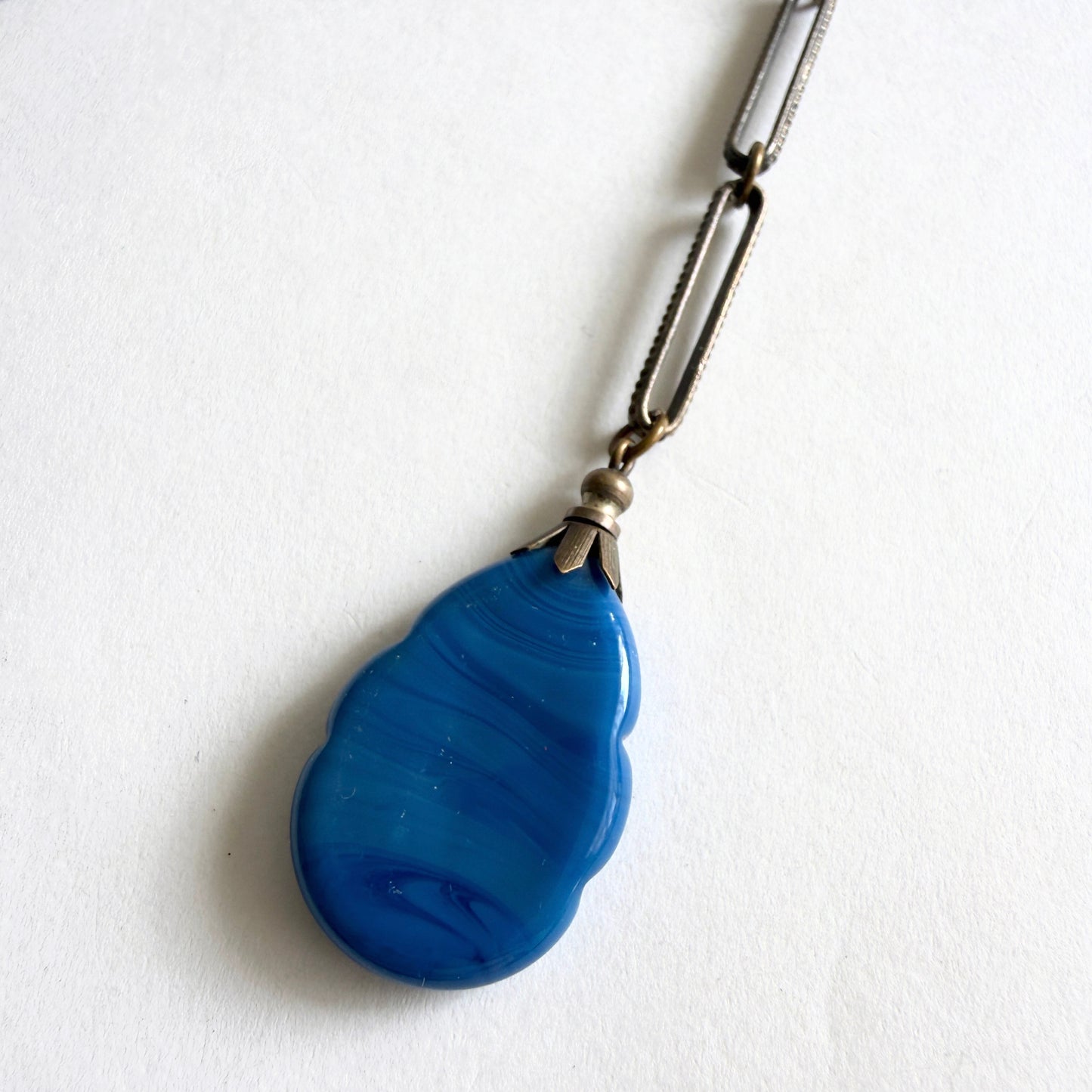 Vintage Czech Art Deco molded blue glass drop pendant 