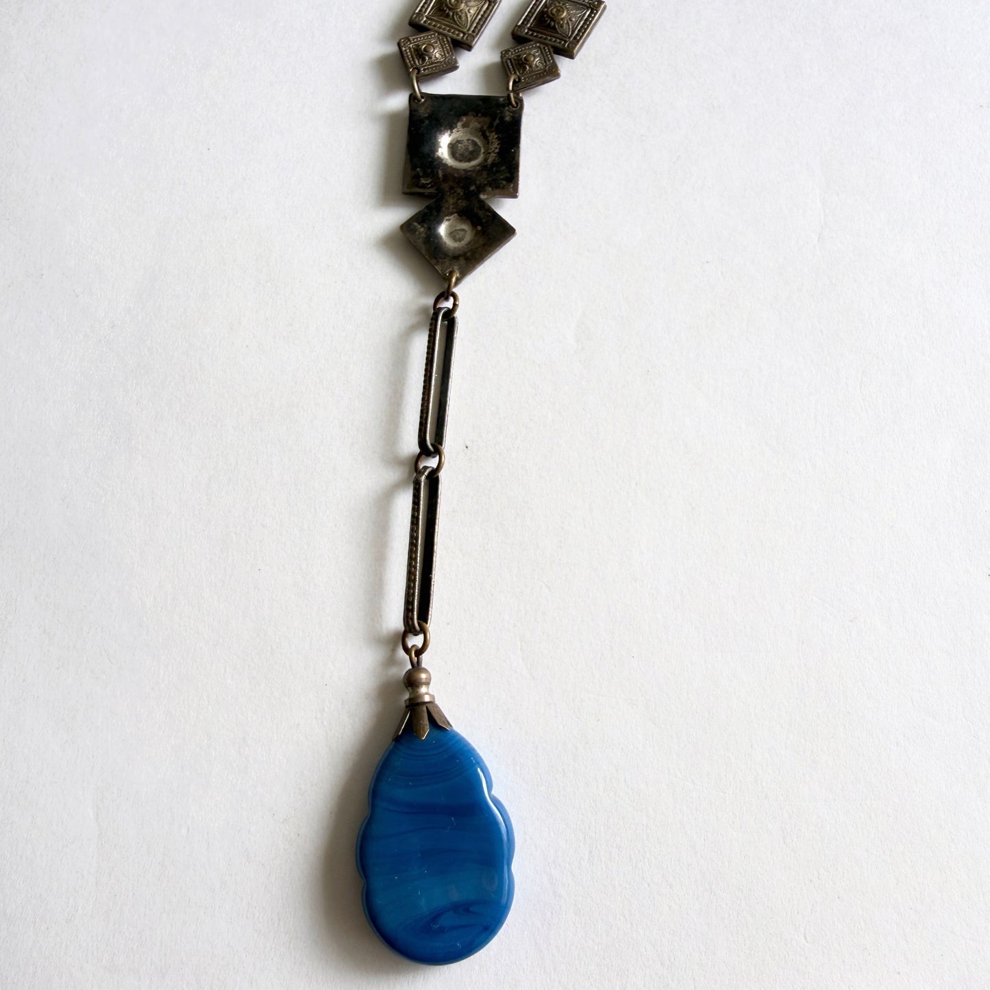Vintage Czech Blue Glass Sautoir Necklace, Art Deco Bohemian Molded Glass Drop Pendant, circa 1920s–1930s