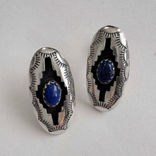 Navajo Shadowbox Sterling Silver & Lapis Oval Earrings — Felix Perry