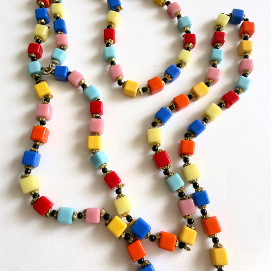 Vintage Czech multicolor glass cube bead necklace with decorative spacers, long 48 inch Bohemian glass strand.