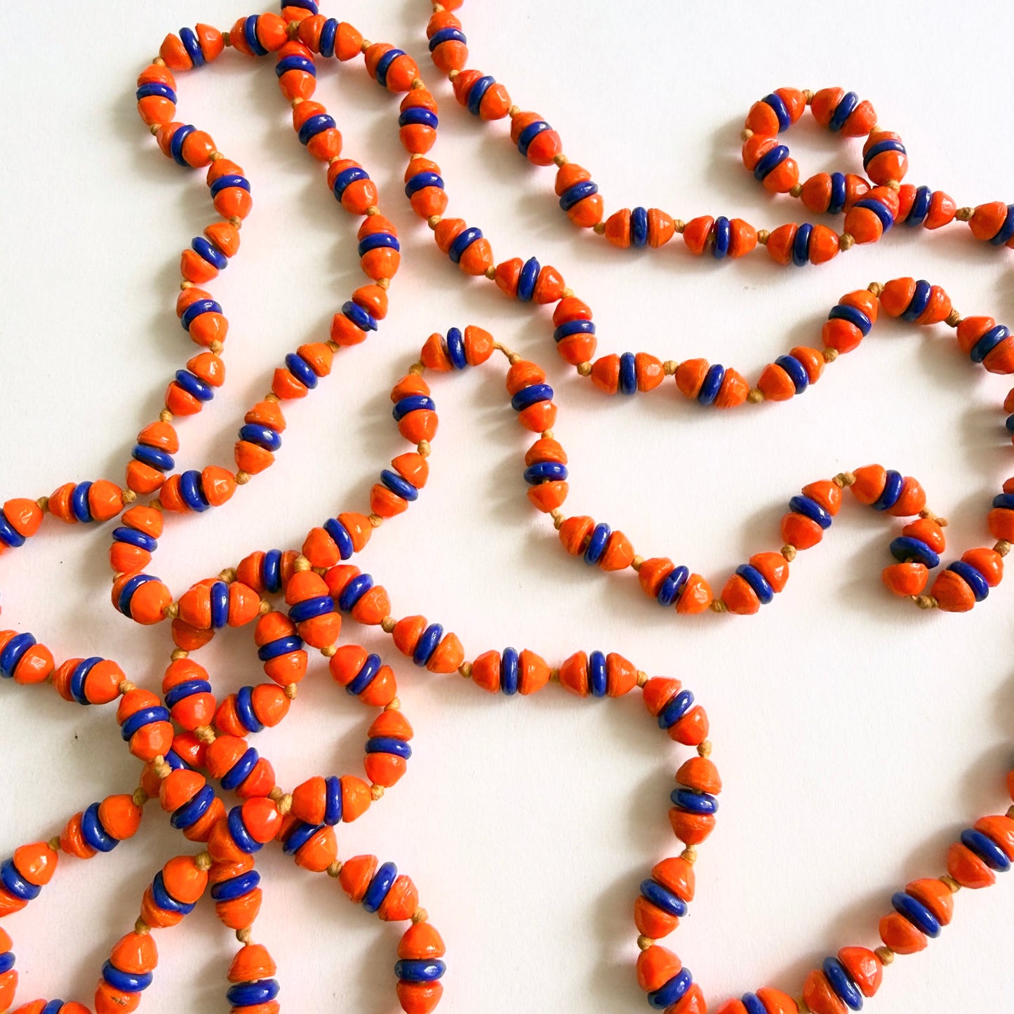 Vintage Czech Glass Bead Necklace Orange Cobalt Blue Long Sautoir 54" (c. 1930s)